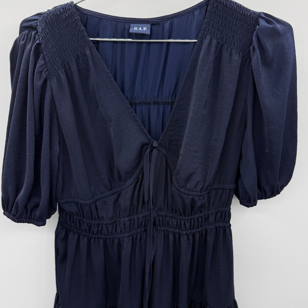 Gap Women Navy Blue Smocked Tiered Mini Dress V-Neck Puff Sleeve XS